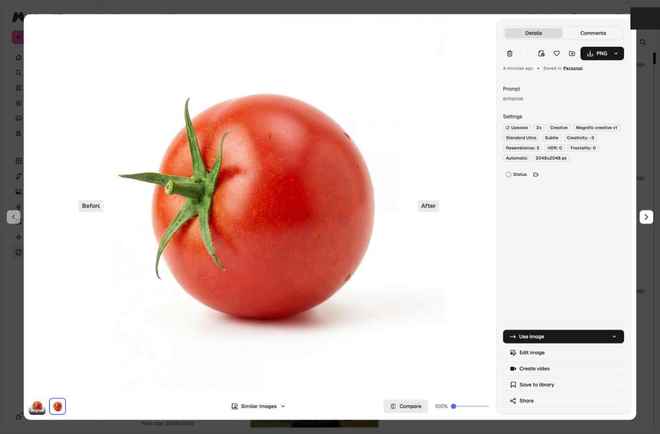 Magnific upscale result showing before and after comparison with enhanced detail