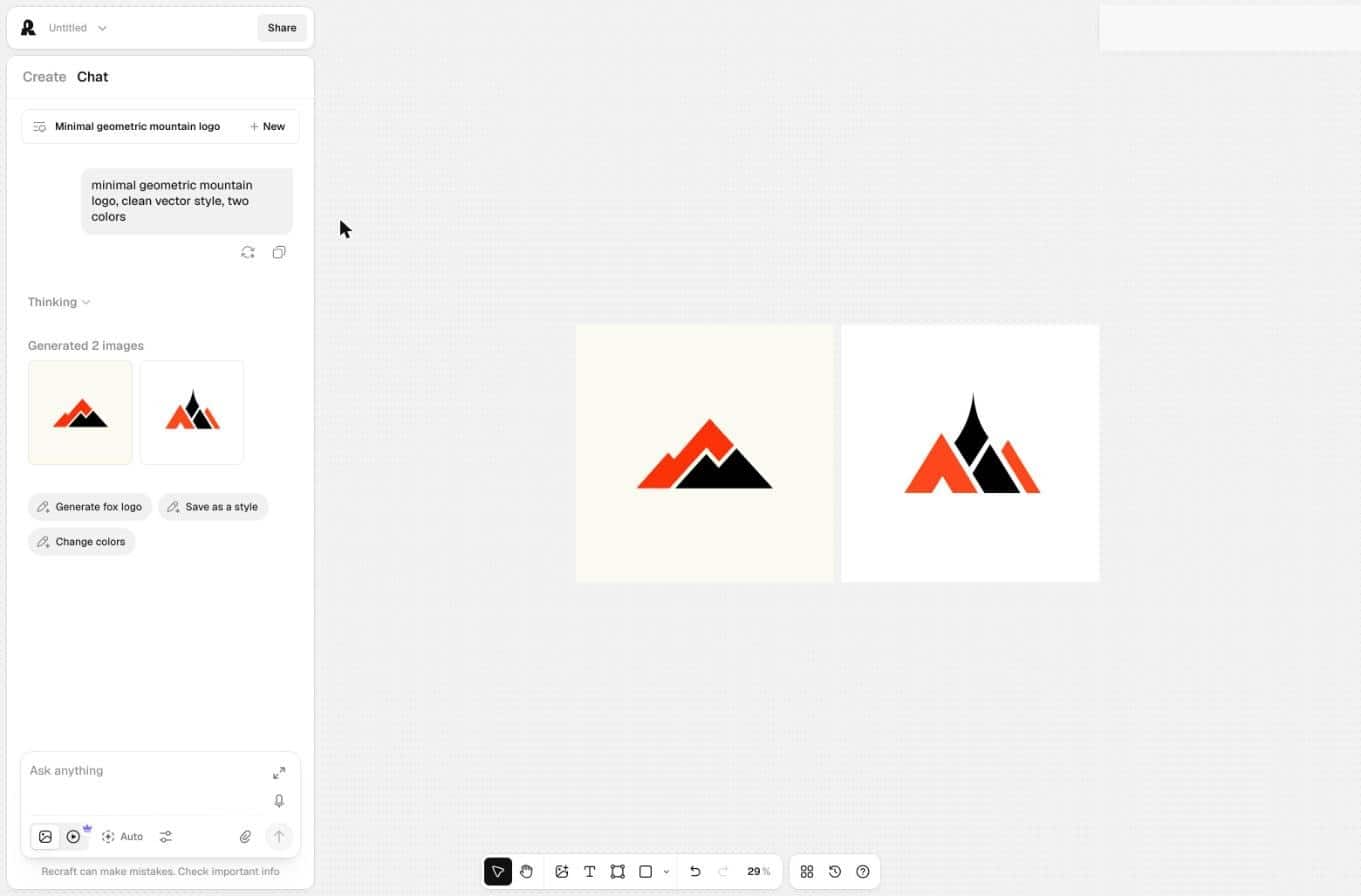 Recraft generating vector mountain logos from a text prompt